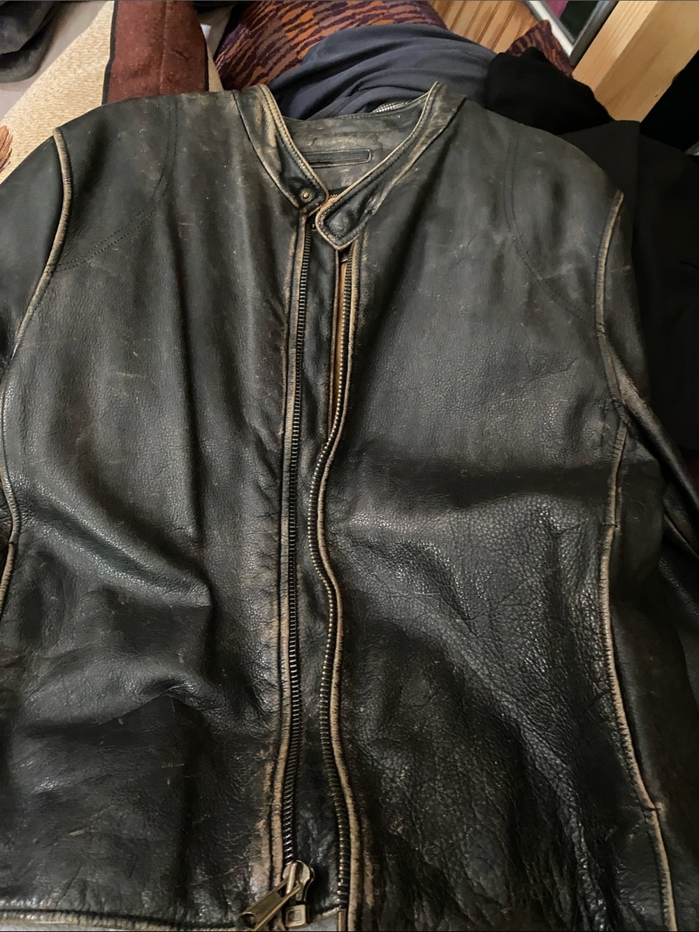 Andrew Marc Brown Leather  Jacket distressed look with Brown Trim